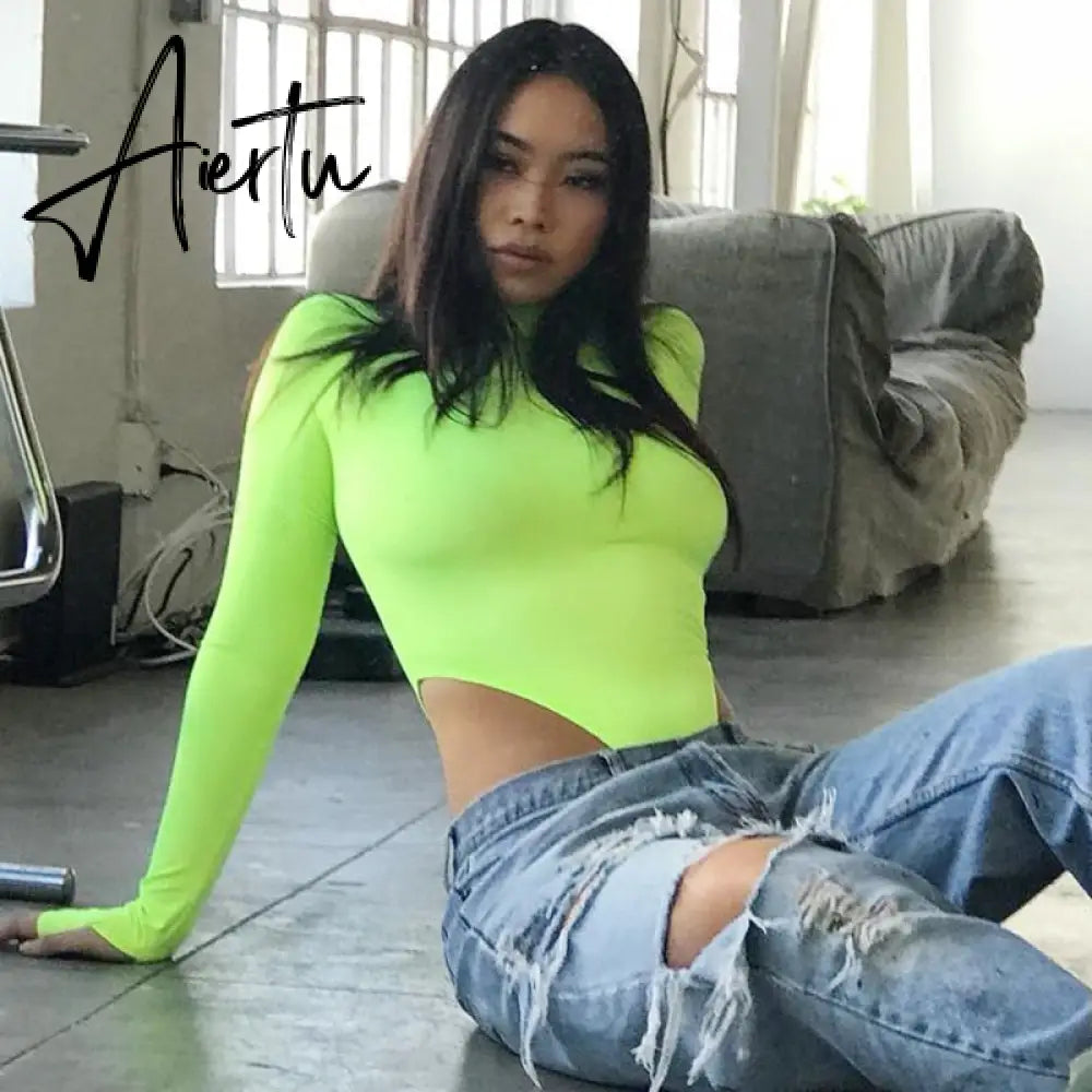 Aiertu  long sleeve high neck neon bodycon sexy Christmas bodysuit autumn winter women fashion casual slim fit body Aiertu