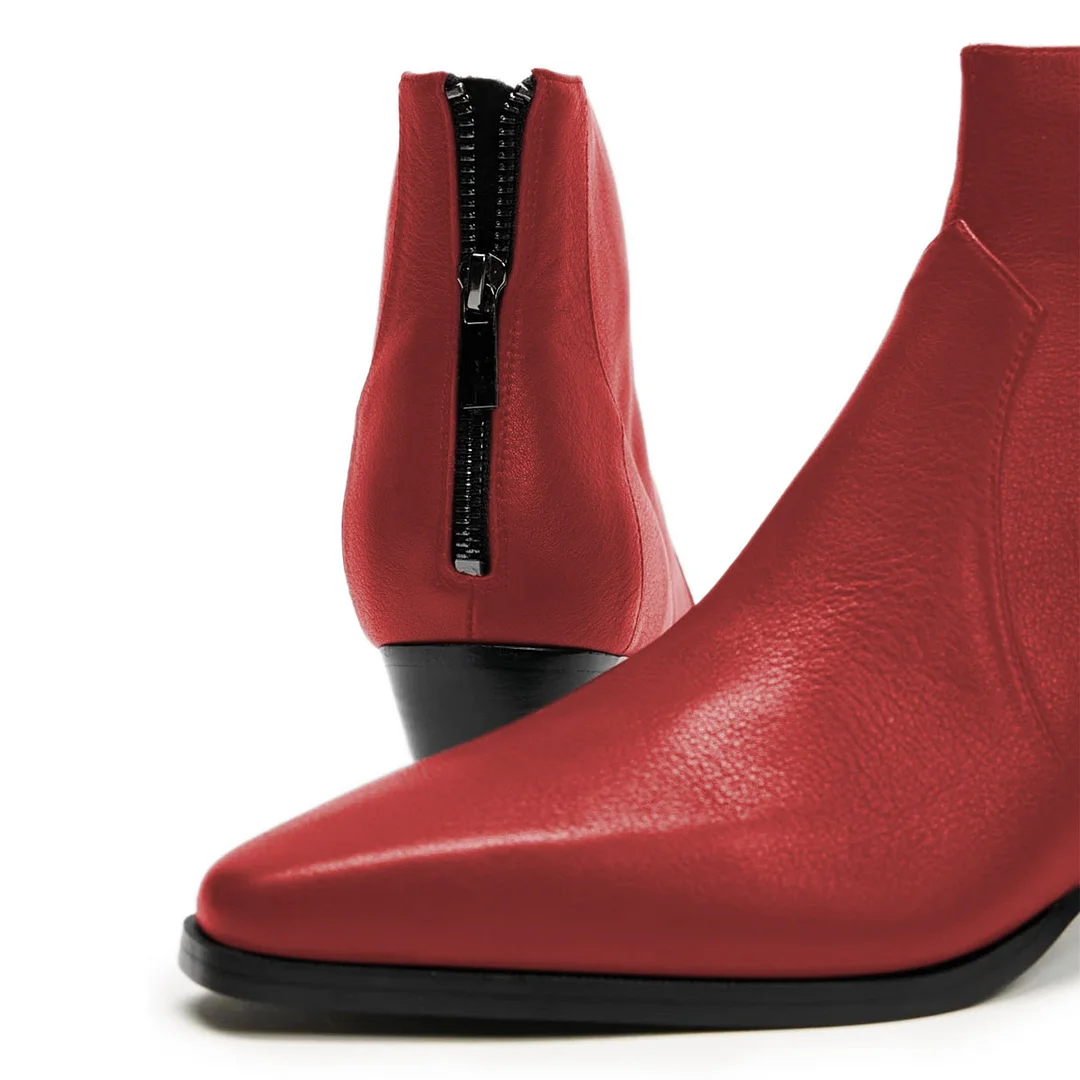 Vegan Leather Back-Zip Maroon Ankle Boots with Classic Block Heel