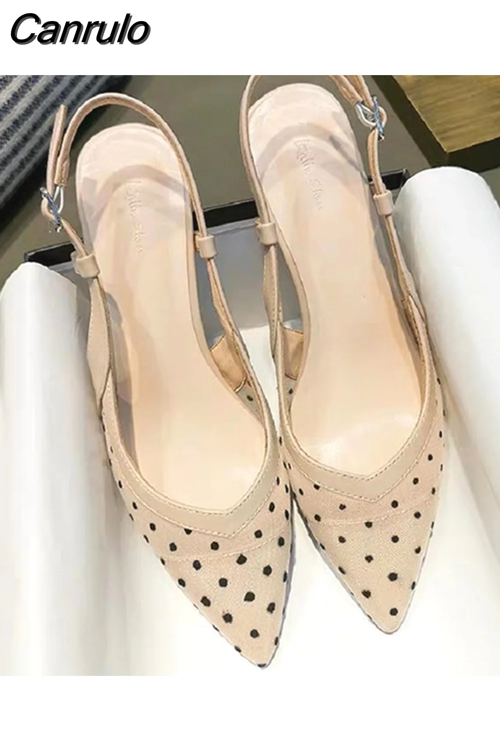 Canrulo Breathable Pointed Toe Low Heels Sandals Classics Net Yarn Polka Dot Office Women Shoes Back Strap Footwear