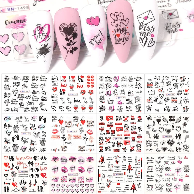 12pcs Valentines Love Letter Water Decals Flower Sliders Nail Stickers for Nails Inscriptions Nail Art Decoration Water Sticker