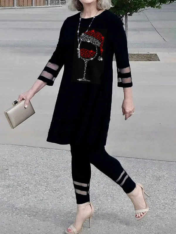 Christmas red wine glass print ladies suit