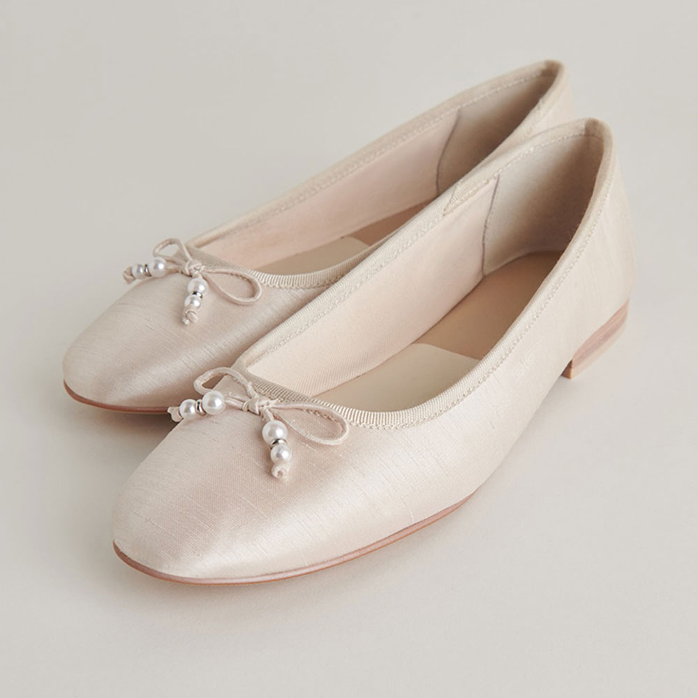 Ivory Satin Round Toe Flat Bow Inlay Comfy Elegant Ballet Shoes Nicepairs
