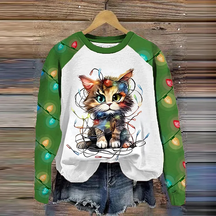 Comstylish Women's Watercolor Christmas lights Cute Cat Art Print Casual Long Sleeve Sweatshirt