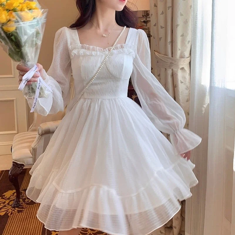 French Sweet Fairy Lolita Dress Women Long Sleeve Lace Y2k Mini Dress Vintage Kawaii Clothes One Piece Dress Korean 2022 Autumn