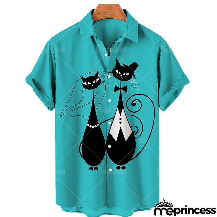 Men Fashion Casual Party Holiday Kitten 3D Pattern Short Sleeve Lapel Plus Size Shirt