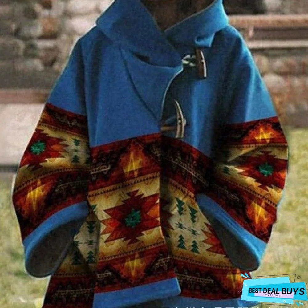 Wool Coat Printed Long Sleeve Hooded Coat