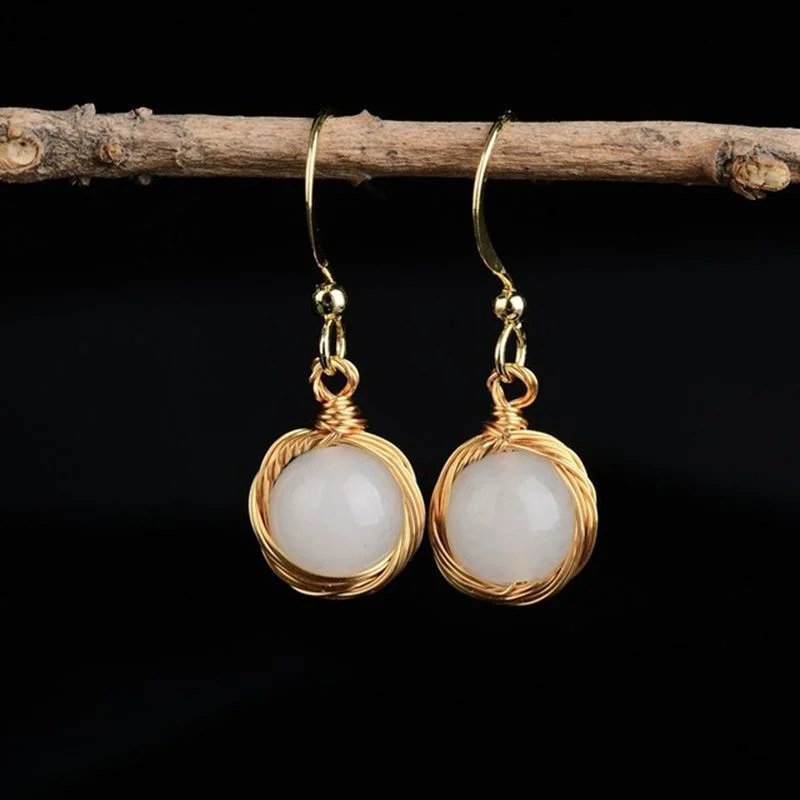 Vintage Earrings Luxury White Jade 14K Gold Plated Dangle Earrings for Women Birthday Gift
