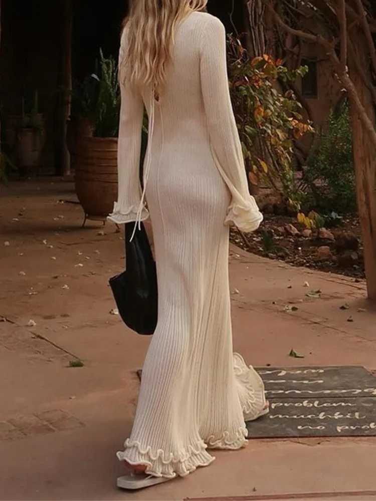 Churchf Churchf Round Neck Long Sleeve Knit Long Dress 2024 Slim High-Waisted Women's Curly Skirt