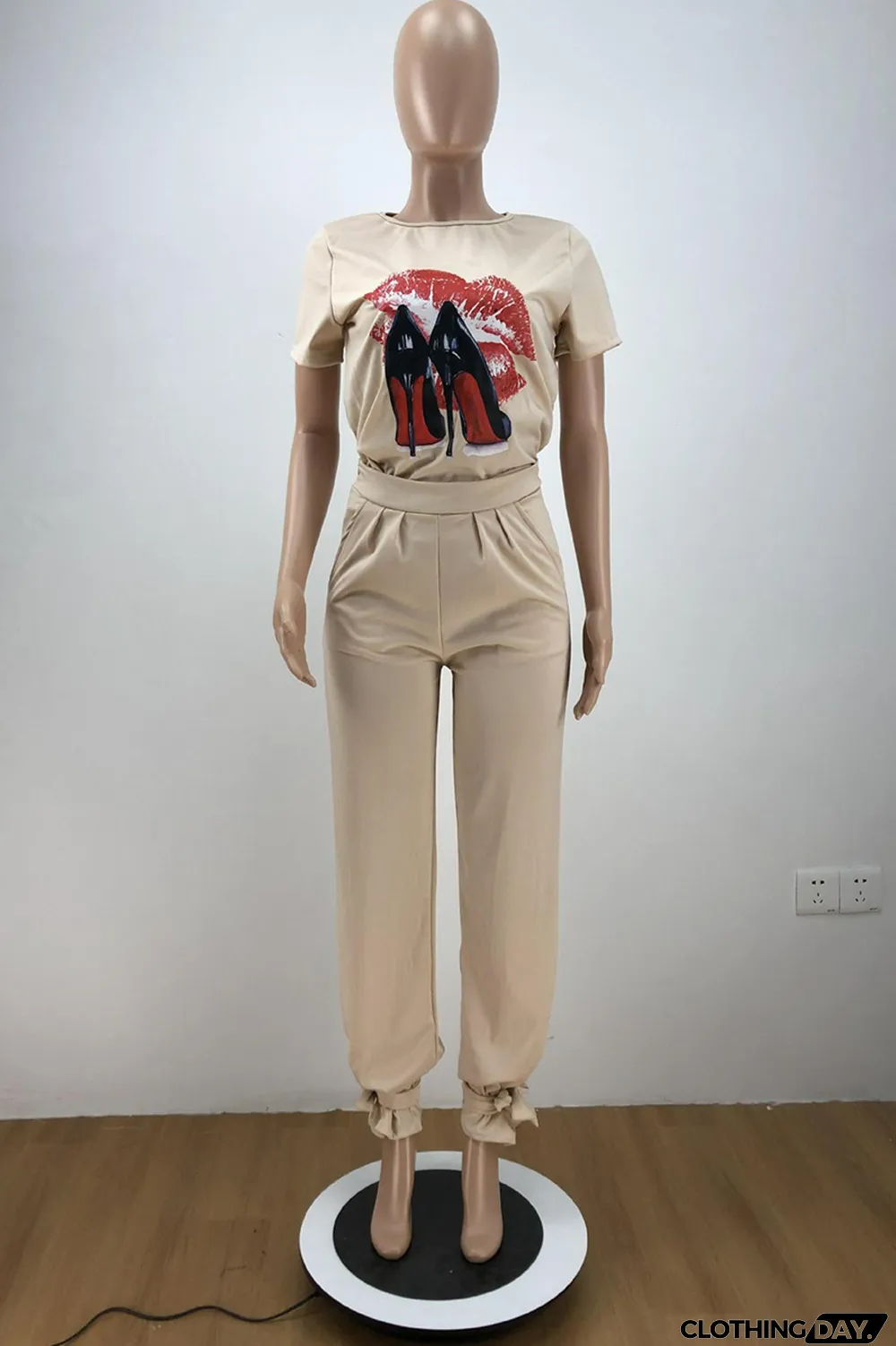 Light Yellow Casual Print Split Joint O Neck Short Sleeve Two Pieces