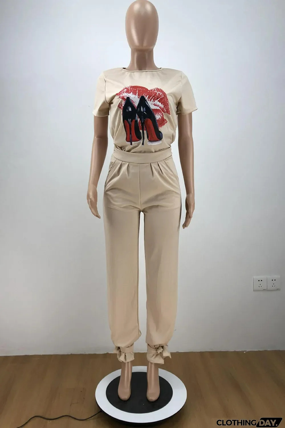 Light Yellow Casual Print Split Joint O Neck Short Sleeve Two Pieces