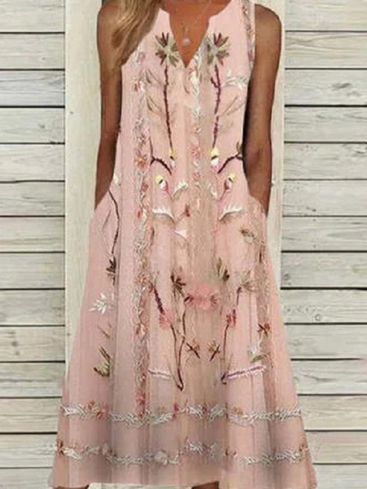 Floral Print V-Neck Pullover Short Sleeve Pocket Maxi Dress