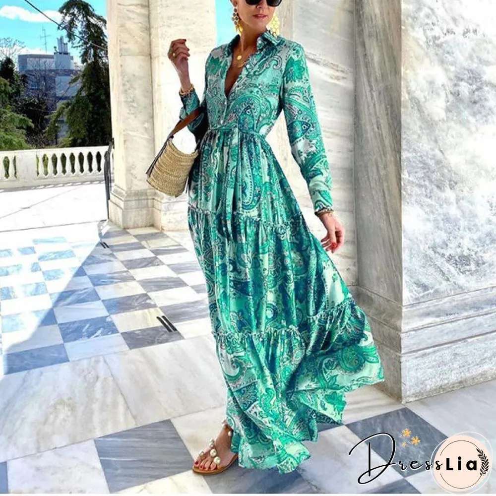 Elegant Lapel Printed Slim Long Sleeve Dress