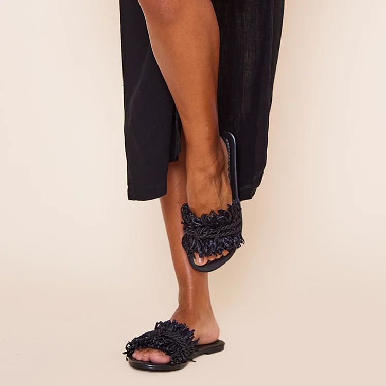 Black Open Toe Fringe Sandal Women'S Classic Flat Shoes Braided Strap Mules |FSJ Shoes
