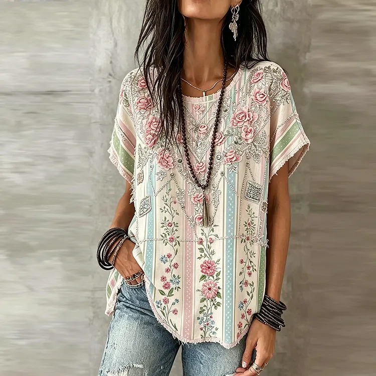 Women's Bohemian Floral Striped Casual Linen T-shirt