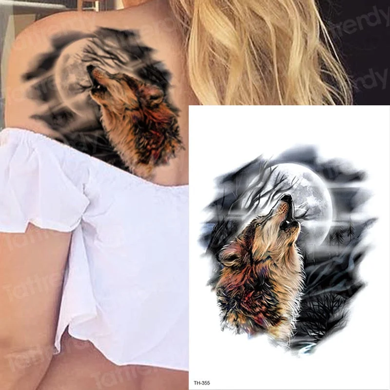 wolf temporary tattoos moon and wolf tattoo arm sleeves for men women body art black big tattoo back chest tatoo waterproof girl