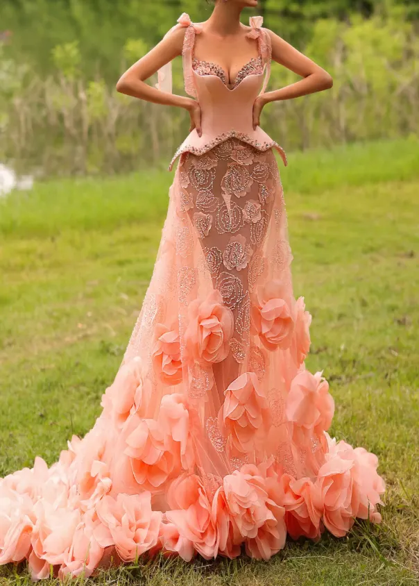 Pink Ruffle Flower Embellished Tulle Maxi Gown