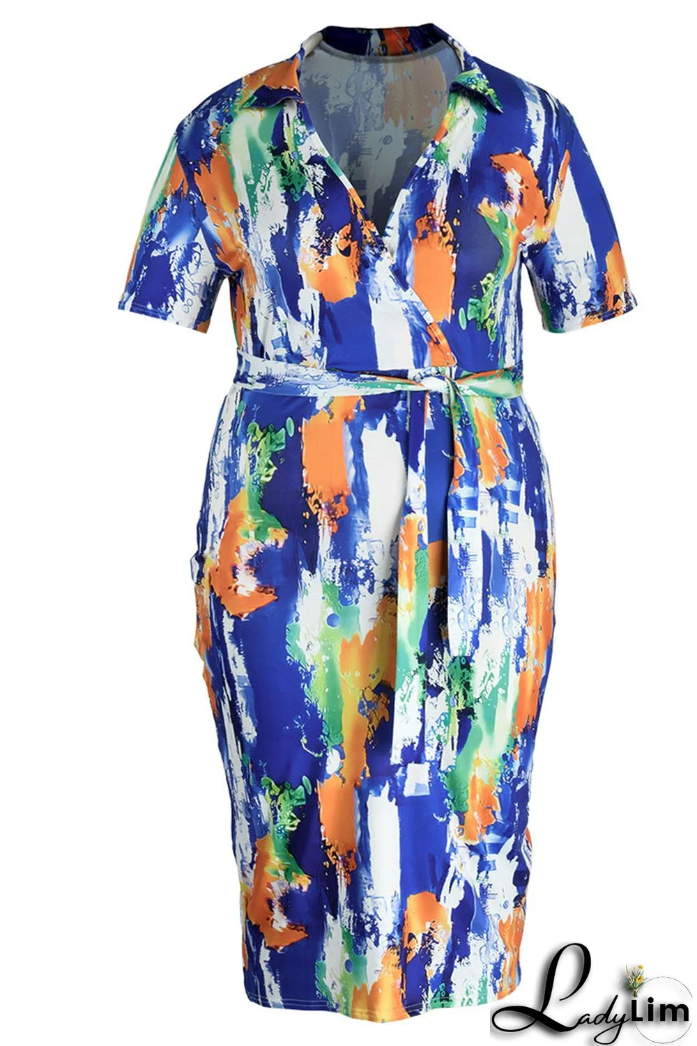 Blue Orange Sexy Print Graffiti Split Joint V Neck One Step Skirt Plus Size Dresses
