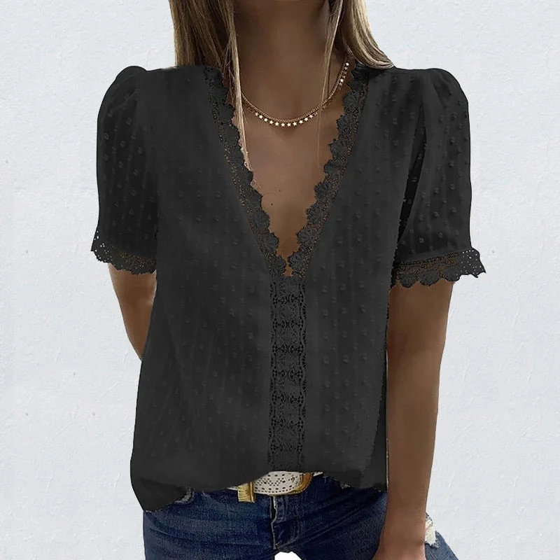 Sexy V-Neck Lace Shirt Blouse Spring Summer Short Sleeve Ladies Shirt Casual Women Solid Pullover Tops Blusa Streetwear 3XL