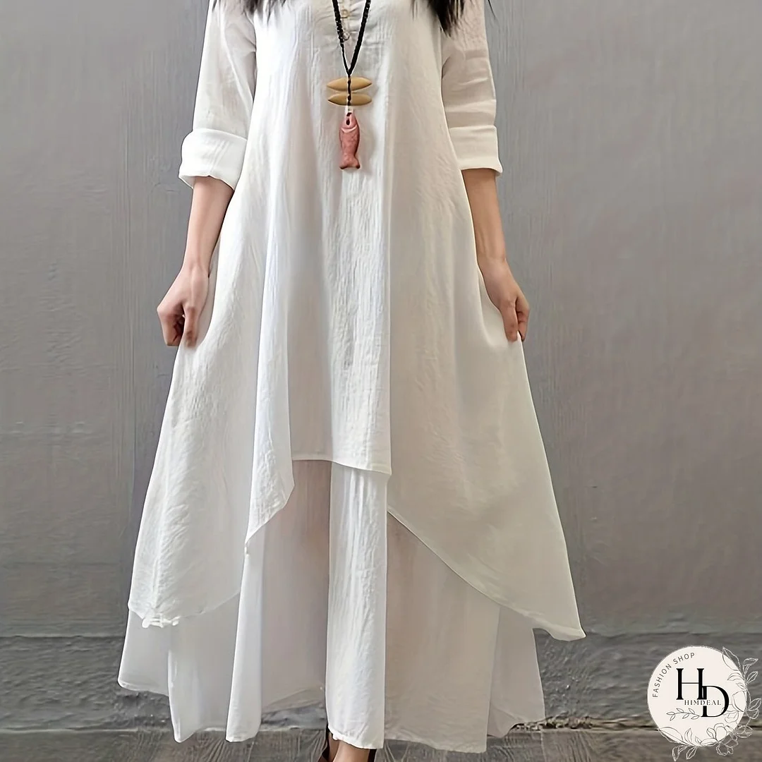 Layered Solid Dress, Casual V Neck Long Sleeve Maxi Dress, Women's Clothing