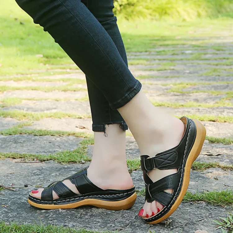 Breakj Breakj Women's Slippers Summer Large-Size Slope Heel Sandals Hollow Cross Lady Explosion