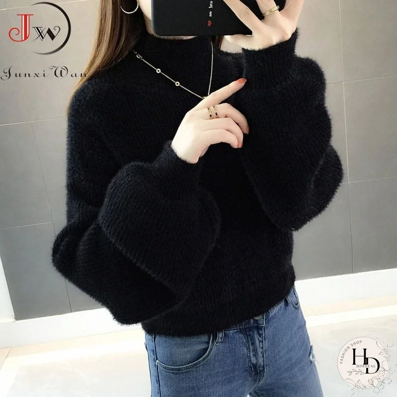 Christmas Gift Thick Mohair Women Sweaters Turtleneck Soft Lantern Sleeve Short Pullovers Fashion Autumn Winter Sweater Solid Women Jumpers