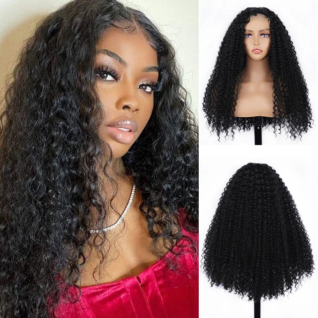 Jewtribute Hair®|Kinky Curly Natural Black Fiber Wig Middle Part Daily