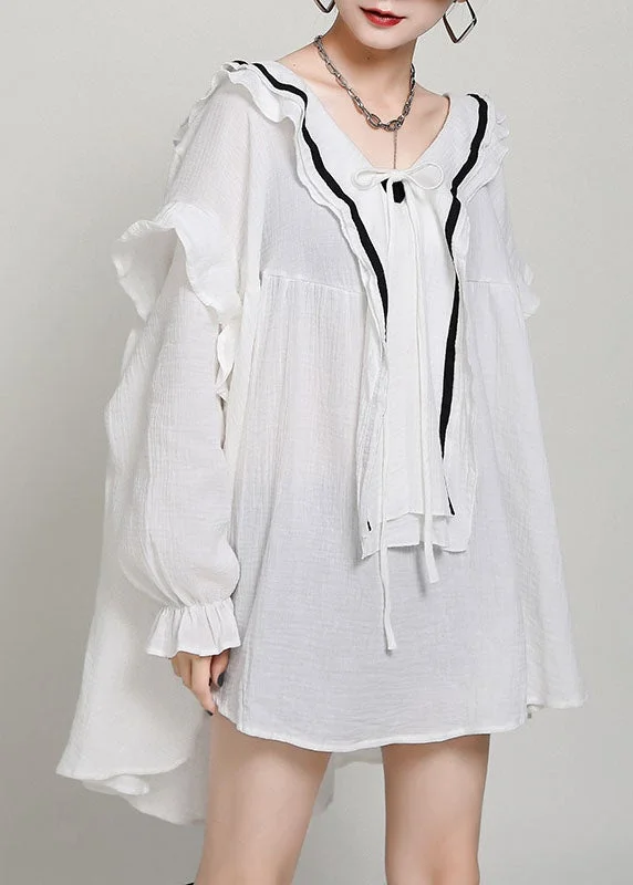 Italian White V Neck Loose Patchwork Fall Long sleeve Dress