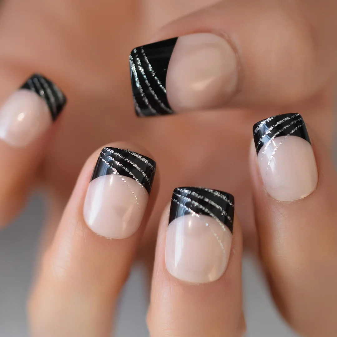 Press On Nail Art With Black Lace Designs French Nail Decorations Set Short Nude Artificial Fake Nail Tip-Nail Inspo