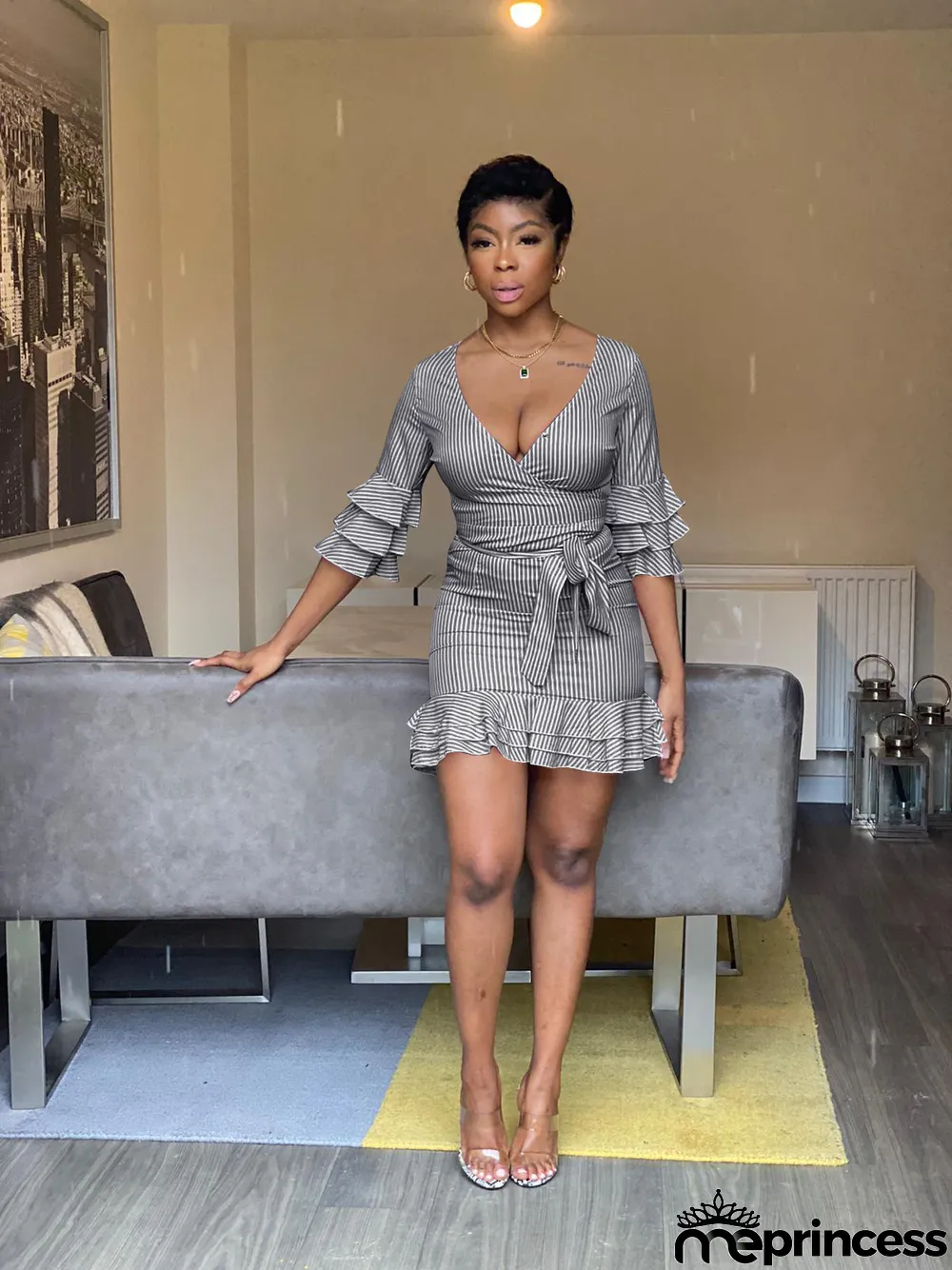 Women's Spring Summer Stripes Print V-Neck Ruffled Layer Casual Dress