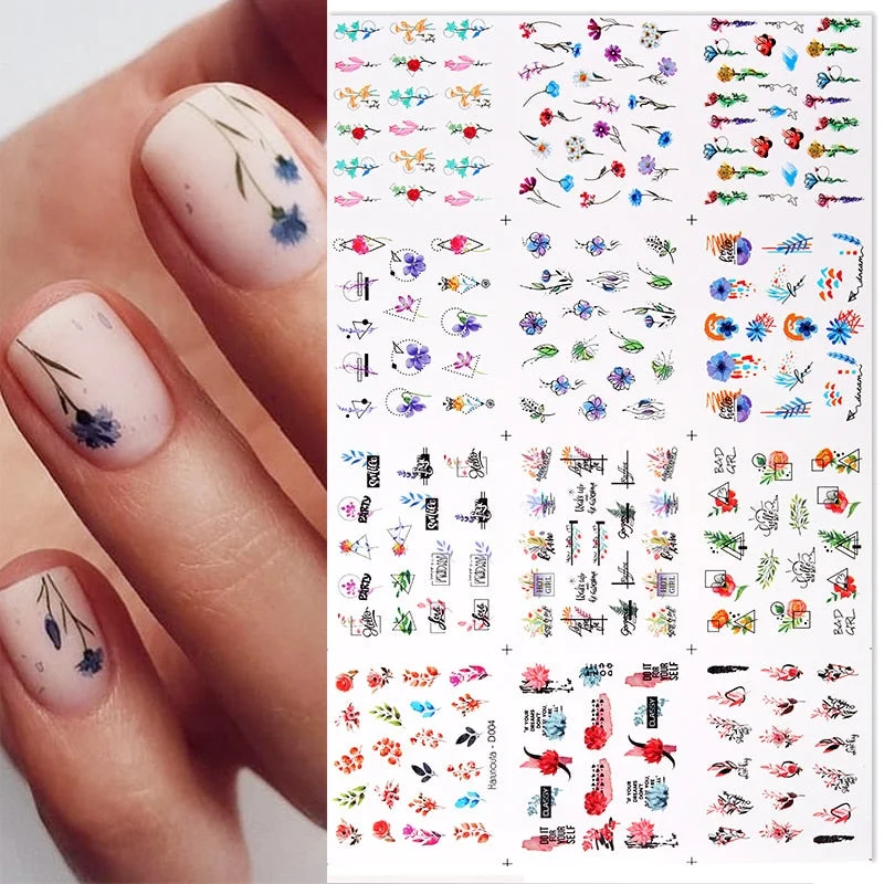 Harunouta 12Pcs/Set Love Letter Flower Sliders Water Decals Electrocardiogram Love Heart Lips Stickers For Nails Decoration