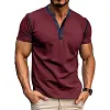 Cotton Blend Men's Short Sleeve Henley T-Shirt with Contrast Stitching and Button Placket by Inlyline