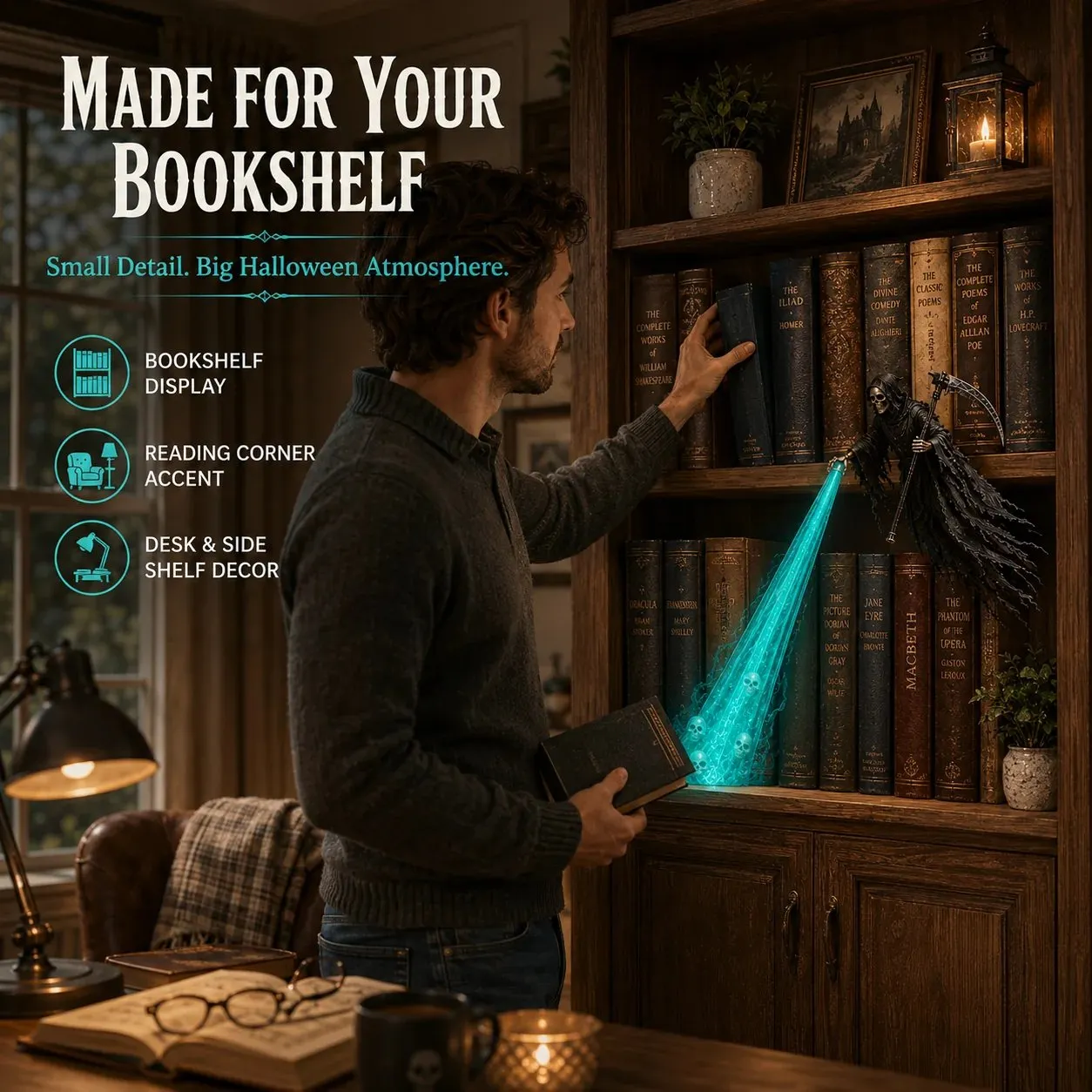 Soul Harvester displayed on a bookshelf in a reading room