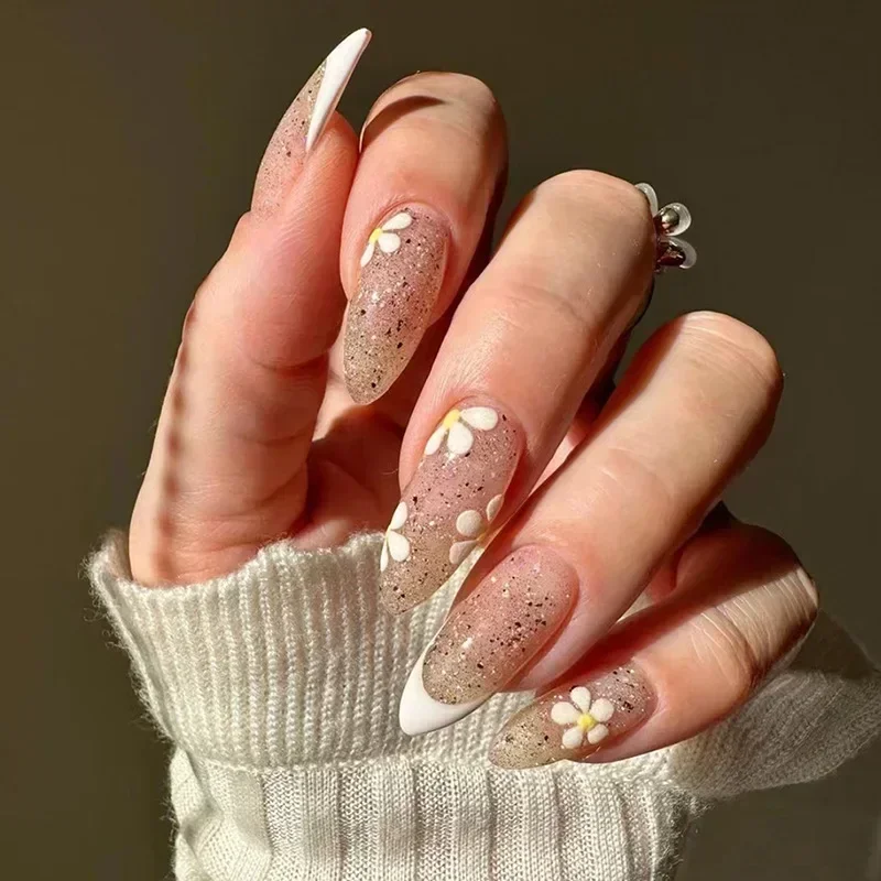 Lidudu French Press on Fake Nails with Flowers Designs Summer Blue Short Almond False Nails Wearable French Full Cover Press on Nails