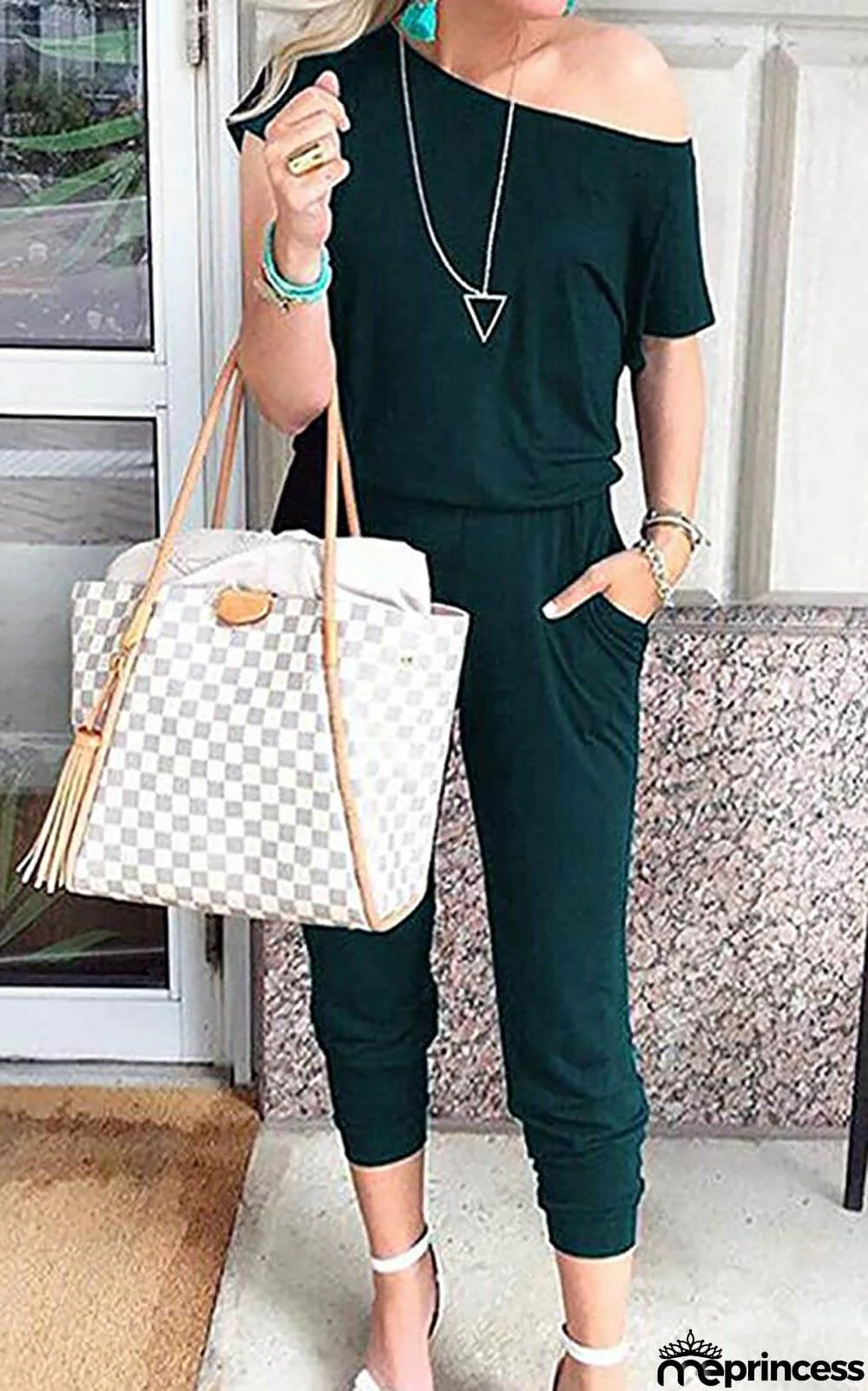 Women's Loose Fit Off Shoulder Jumpsuit Rompers with Pockets