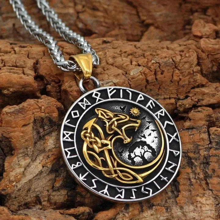 Coutureaura Wolf Head Rune Viking Fenrir Necklace