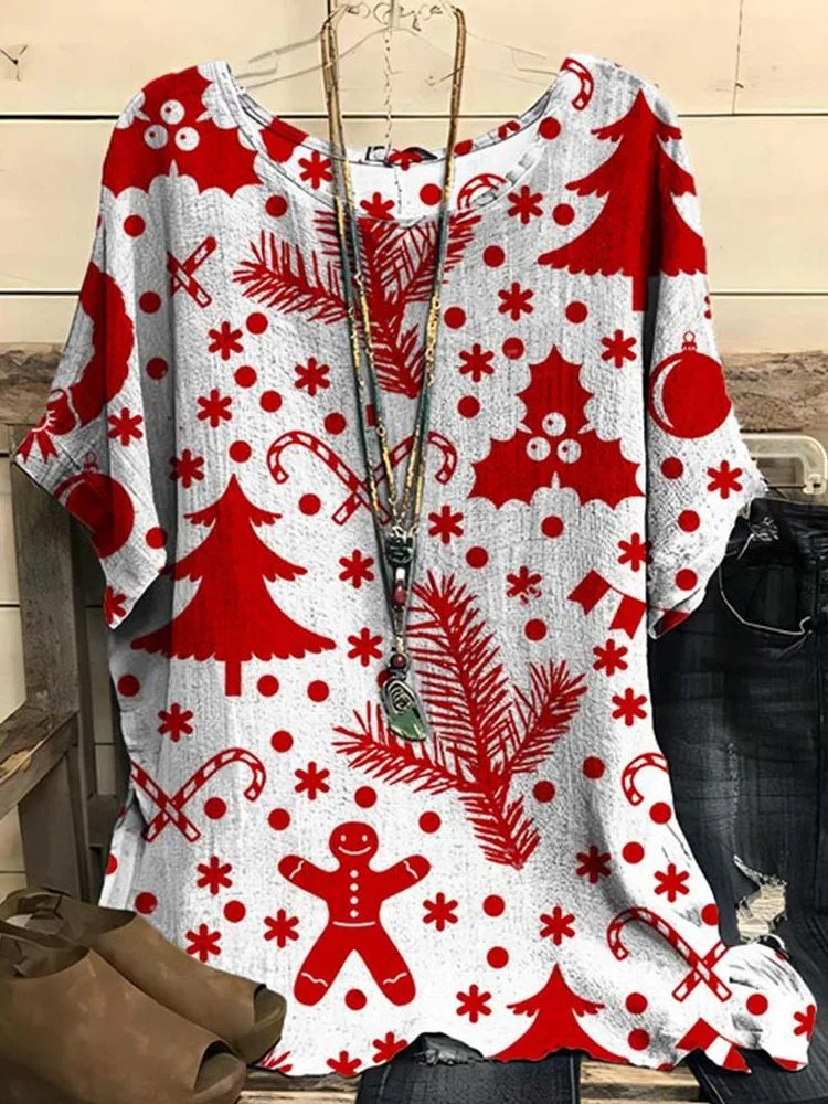 Women's Christmas Tree Snowflake Printed Short Sleeve T-Shirt