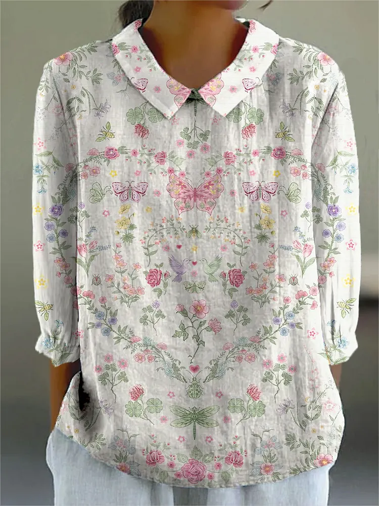 Women's Vintage Flower Art Print Casual Cotton And Linen 3/4 Sleeve Shirt