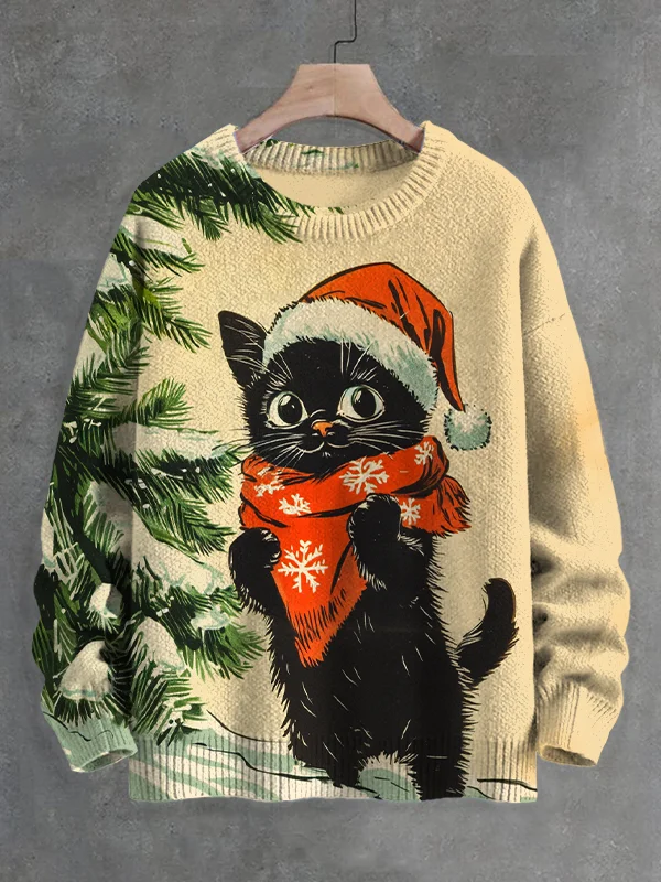Men's Christmas Black Cat Retro Comic Art Print Knit Sweatshirt