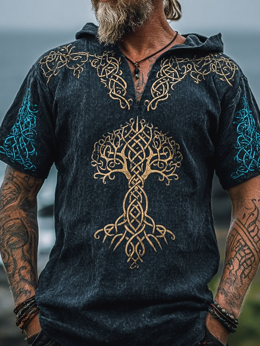 Men's Print Viking Inspired Celtic Knot Tree Of Life Art Pattern Short Sleeve Hoodie / Rvogue / Rvogue
