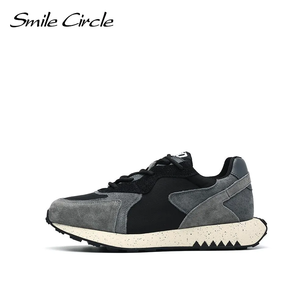 Smile Circle Women Sneakers Suede leather Flat Platform Shoes Fashion Lace-up Splicing Casual Shoes black Gray Sneakers