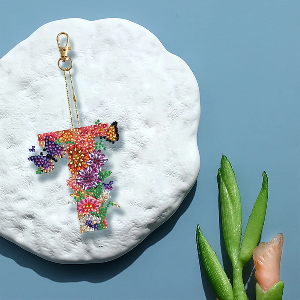 DIY T Diamond Art Key Rings Lettter Keychain Supplies Gift for Kids(Double Sided)
