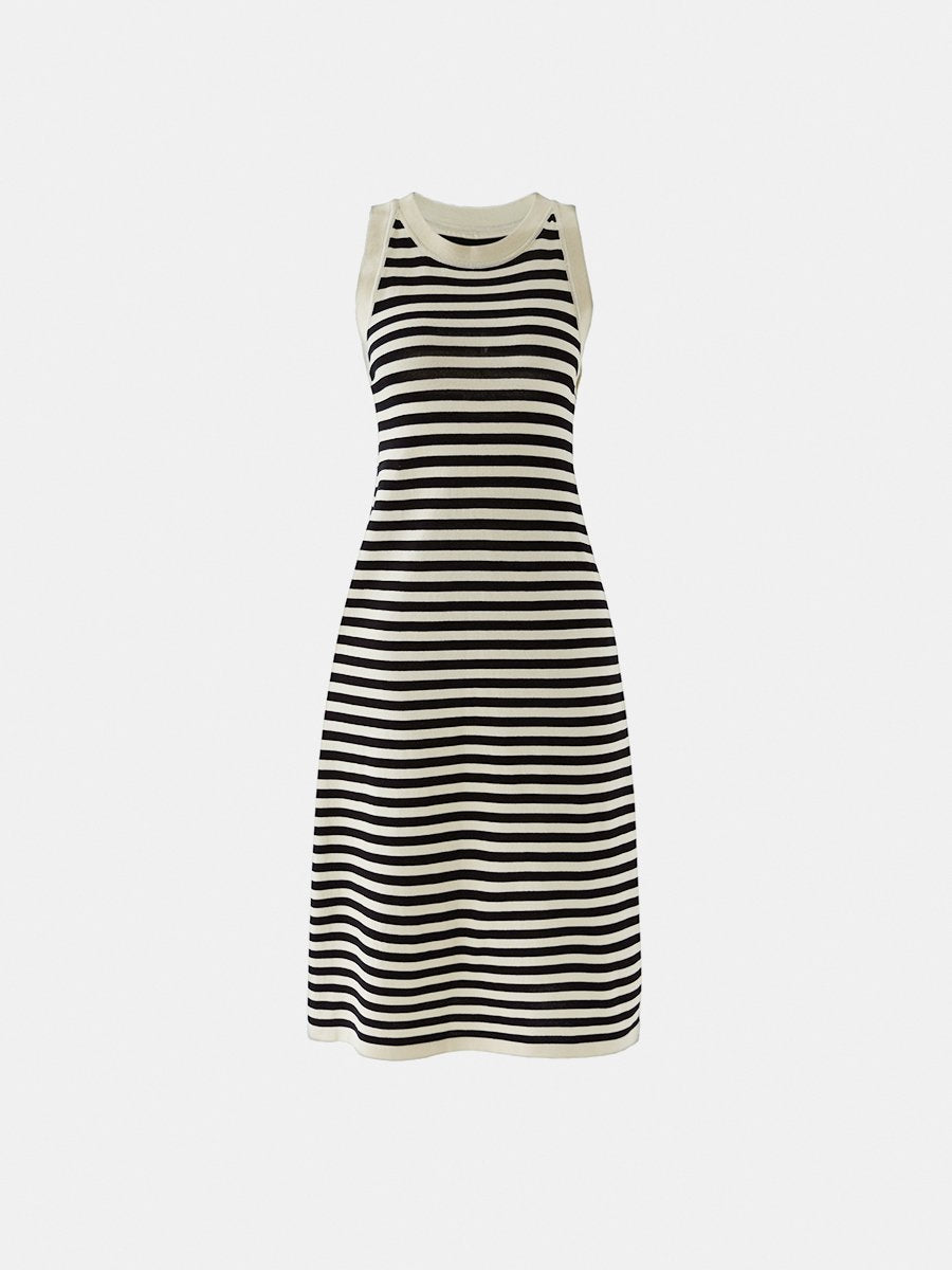 Round Neck Color Contrast Sleeveless Midi Dress