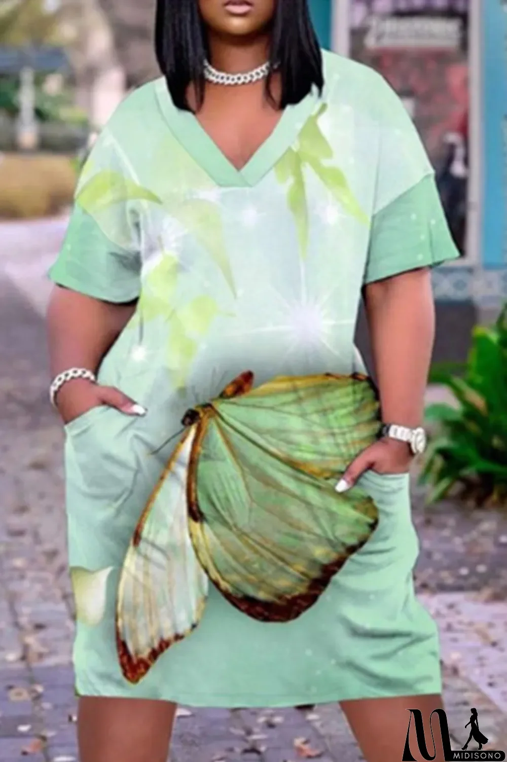 MidiSono - Pink Fashion Casual Print Patchwork V Neck Short Sleeve Dress Dresses