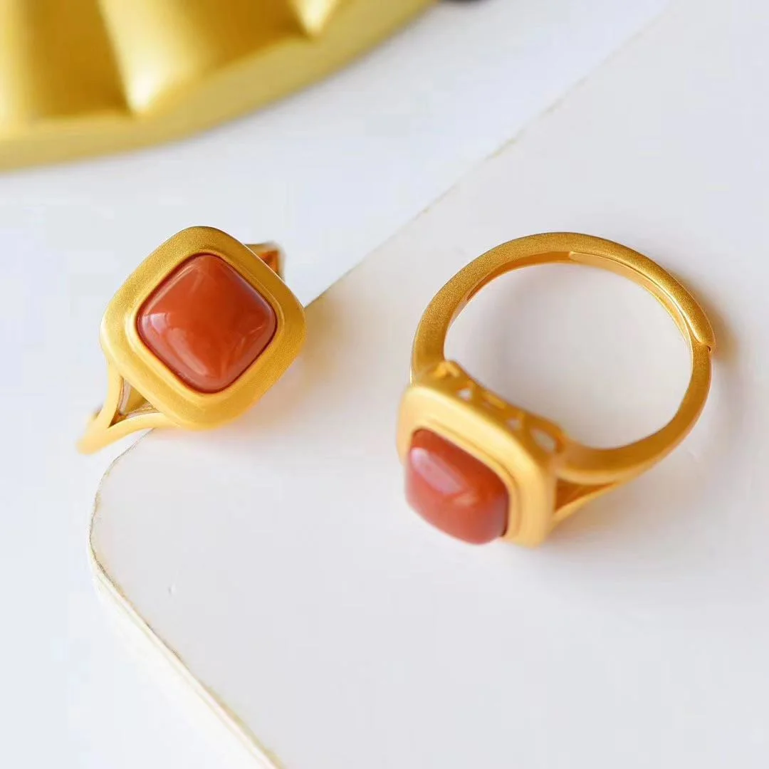 Red Agate Chinese Style Adjustable Retro Ring