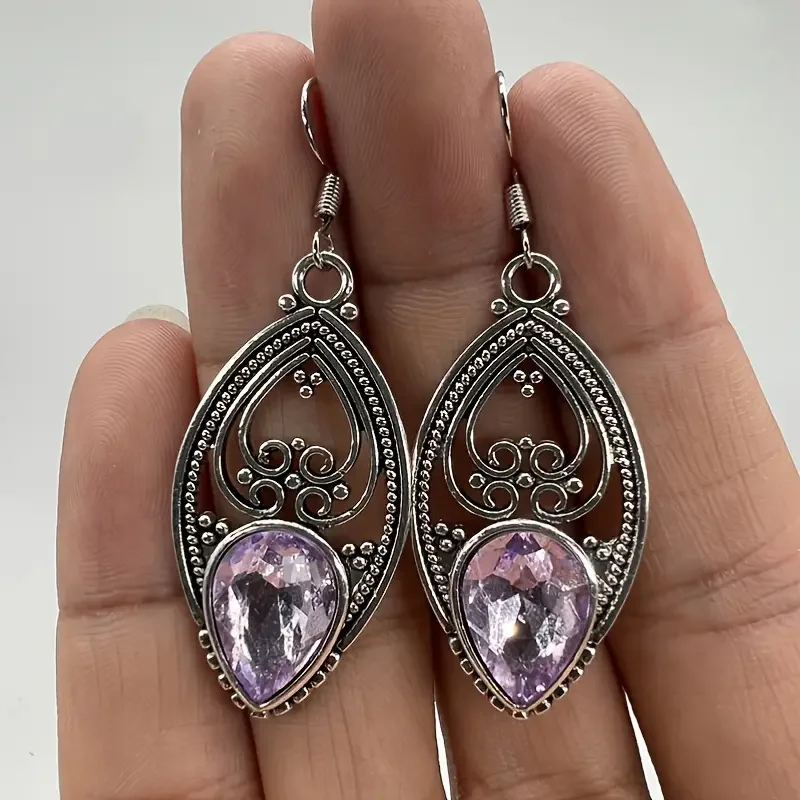 handmade amethyst design dangle earrings copper jewelry synthetic gems inlaid gift for her details 0