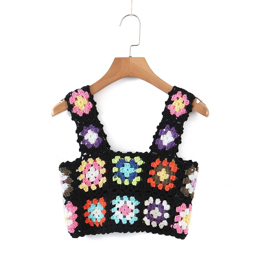 Sweet Women Multicolor Crochet Tank Top Sexy Square Neck Sleeveless Holiday Summer Crop Top 514