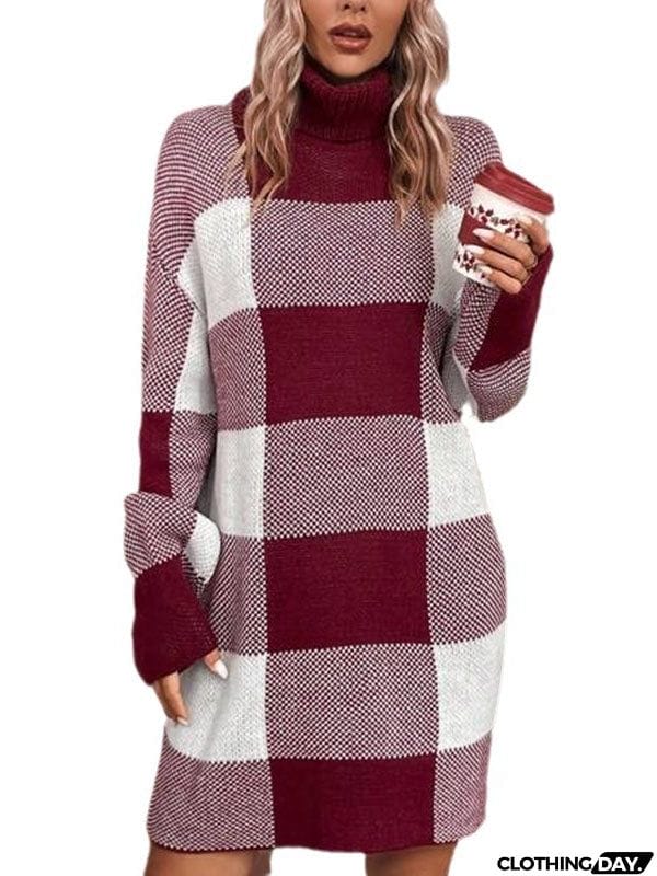 Long Sleeves Loose Contrast Color Plaid High Neck Mini Dresses Sweater Dresses