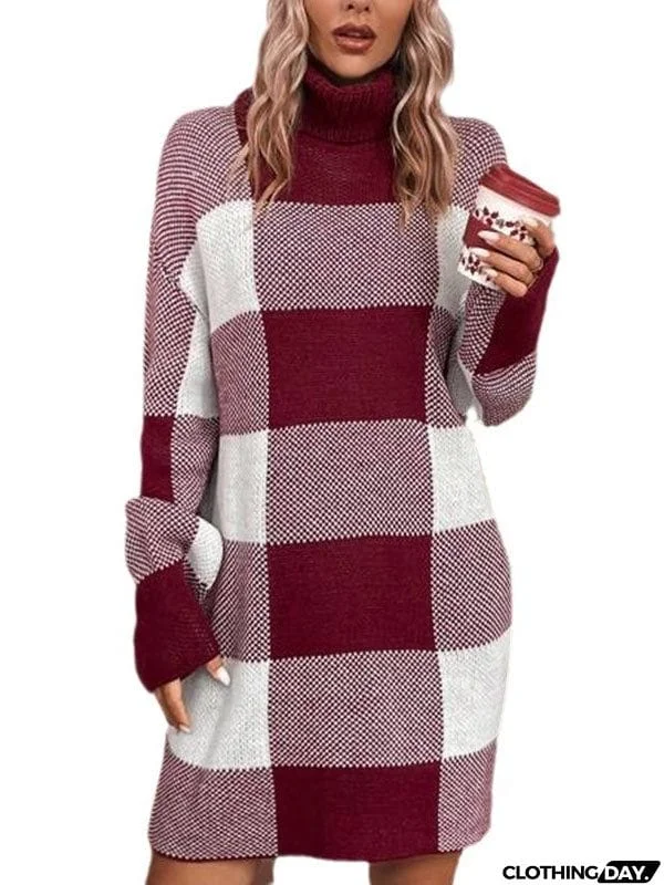 Long Sleeves Loose Contrast Color Plaid High Neck Mini Dresses Sweater Dresses