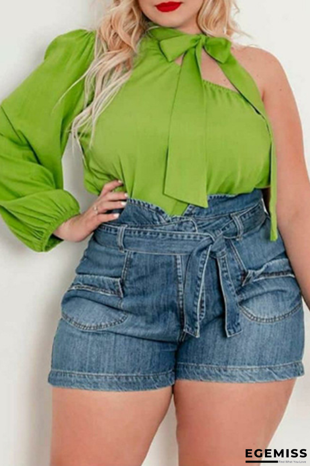 Green Sexy Solid Patchwork One Shoulder Plus Size Tops | EGEMISS