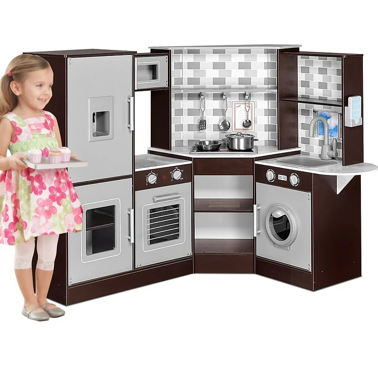 Kids Play Kitchen Set, Wooden Kids Kitchen Playset with Ice Maker, Play Phone, Cookware Accessories, Microwave, Washer, Pretend Play Kitchen Toy for Ages 3-8